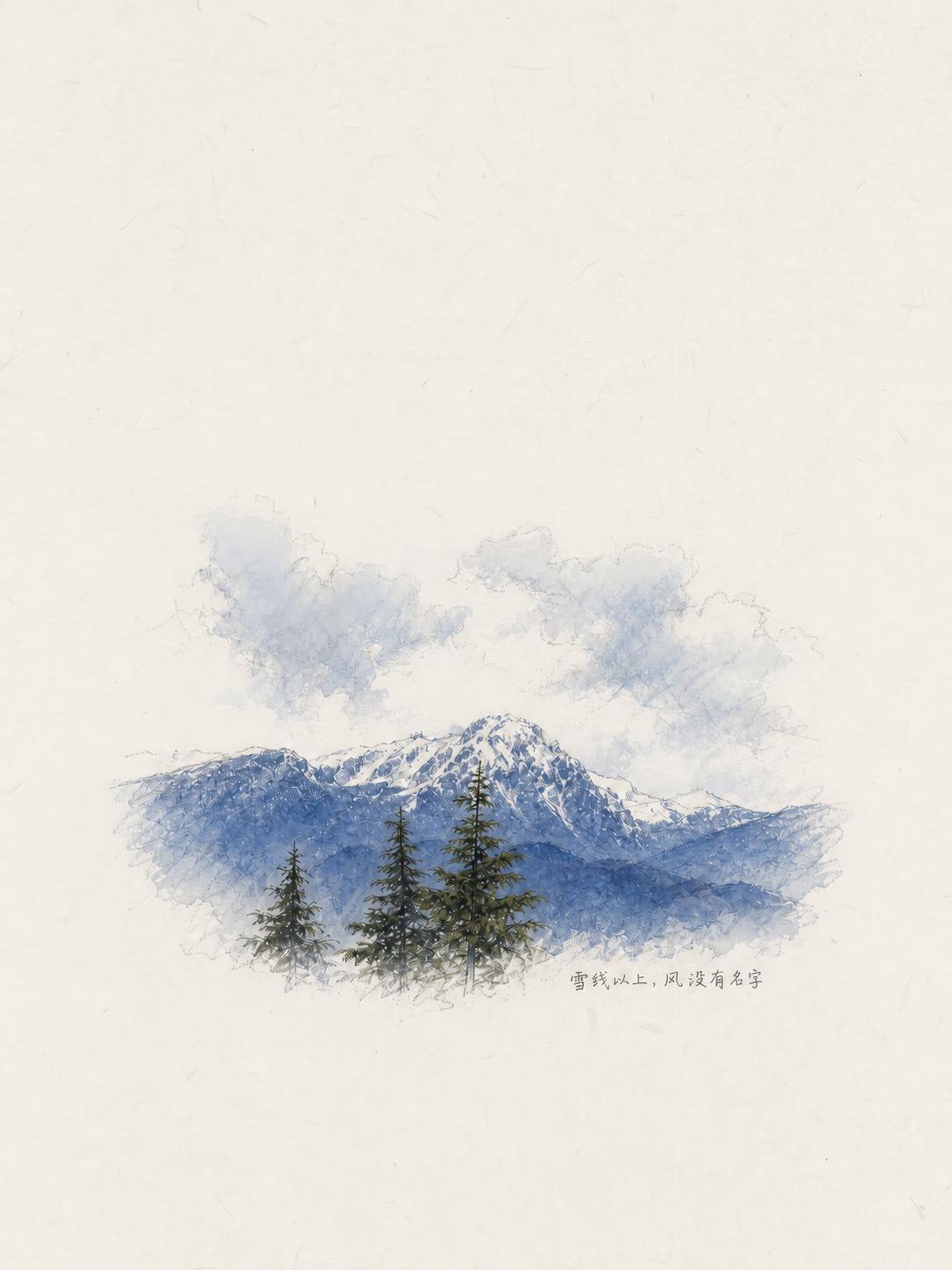 带有松树与中文手写字的留白蓝色山景插画